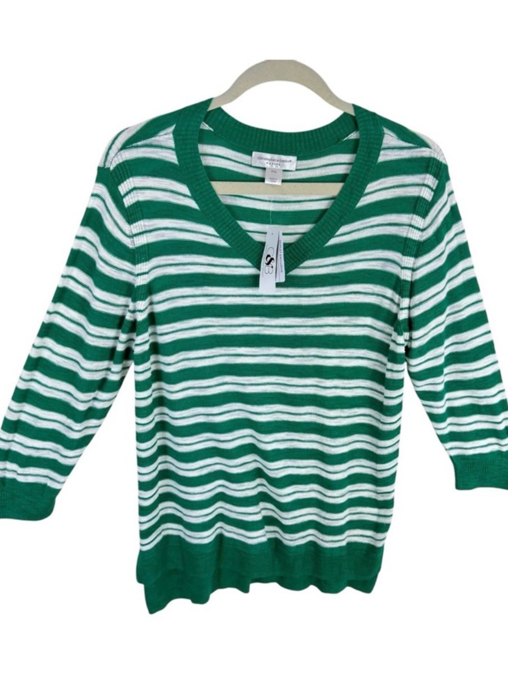 Christopher & Banks NWT Green White Striped Lightweight 3/4 Sleeve Sweater PXL
